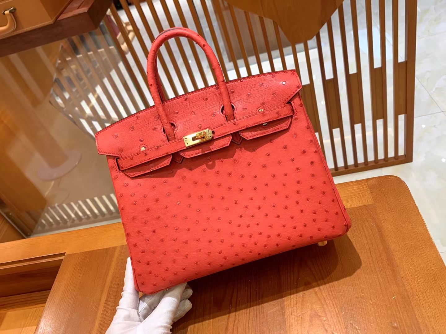 Perfect Hermes HERMES Birkin 25CM Q5 Rouge Ostrich Full handmade