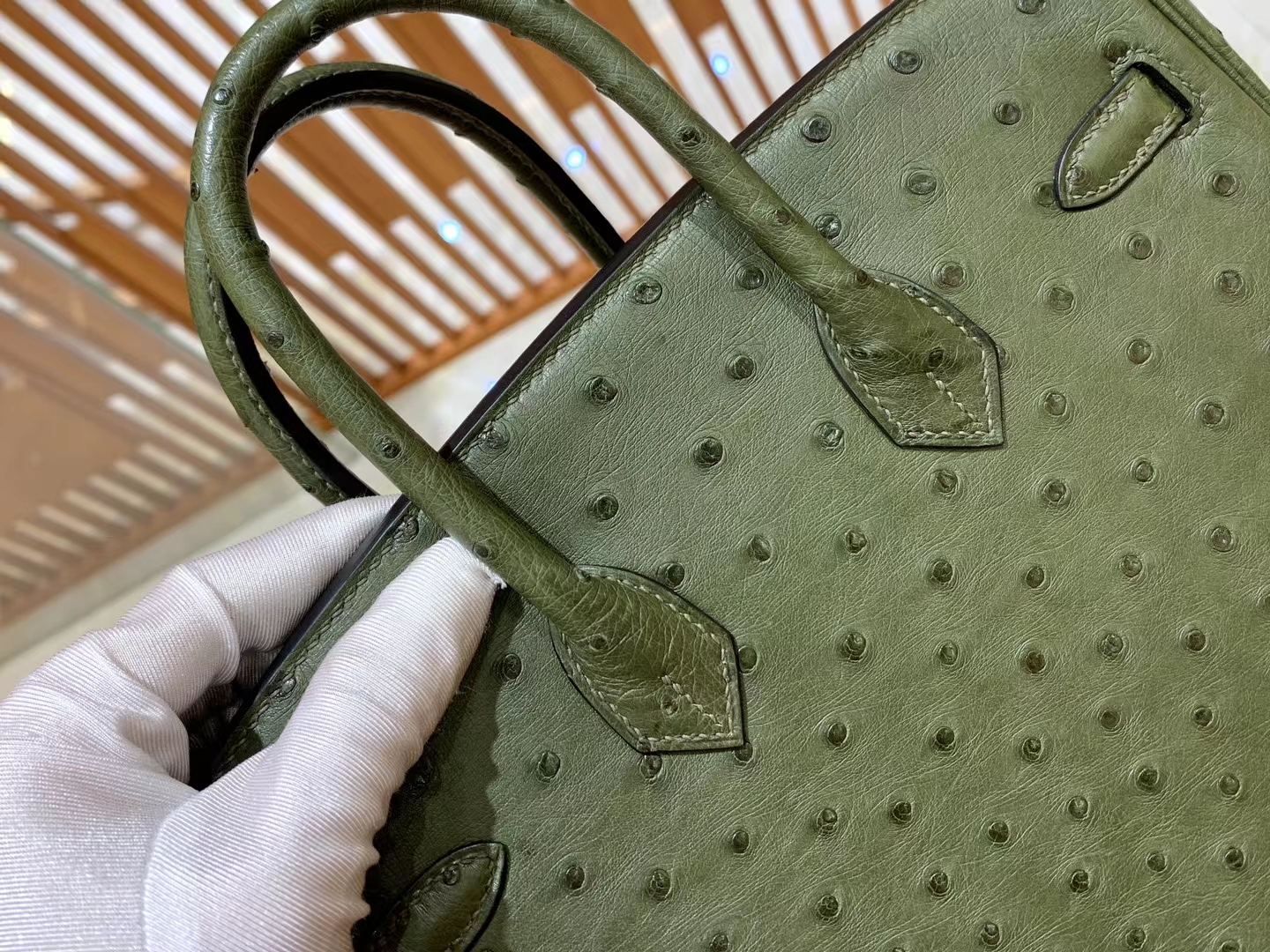 Perfect Hermes HERMES Birkin 25CM 61 Vert Olive Ostrich Full